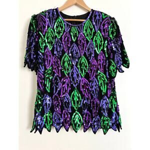 Vintage Monika Sparkly Sequin Silk Blouse Top Shirt Mardi Gras Green Purple XL
